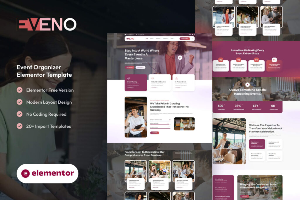 Eveno – Events Organizer Services Website Template for WordPress Elementor