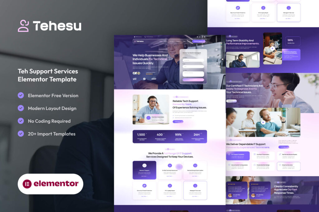 Tehesu – Tech Support Services Website Template for WordPress Elementor
